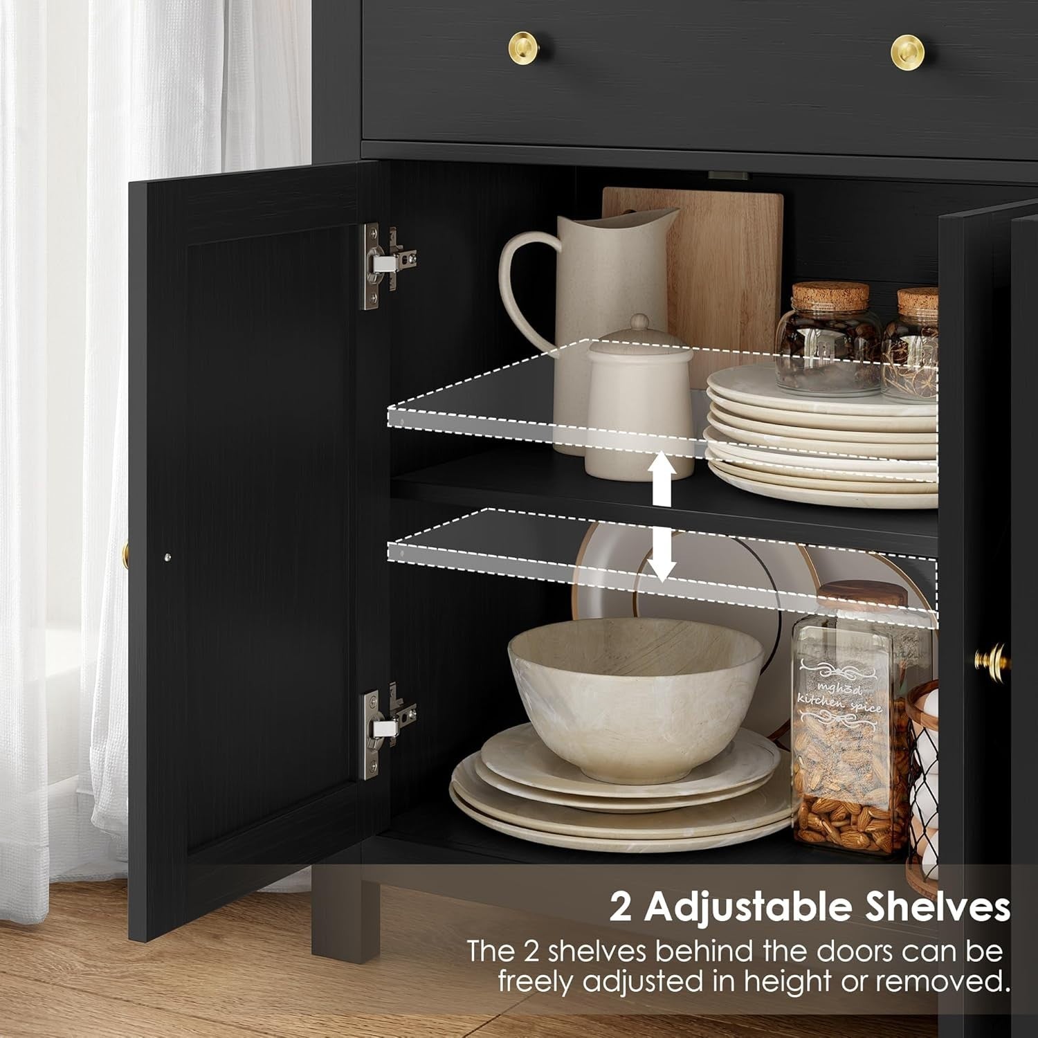 Large Black Kitchen Sideboard 4 Doors 2 Drawers Adjustable Shelves Storage