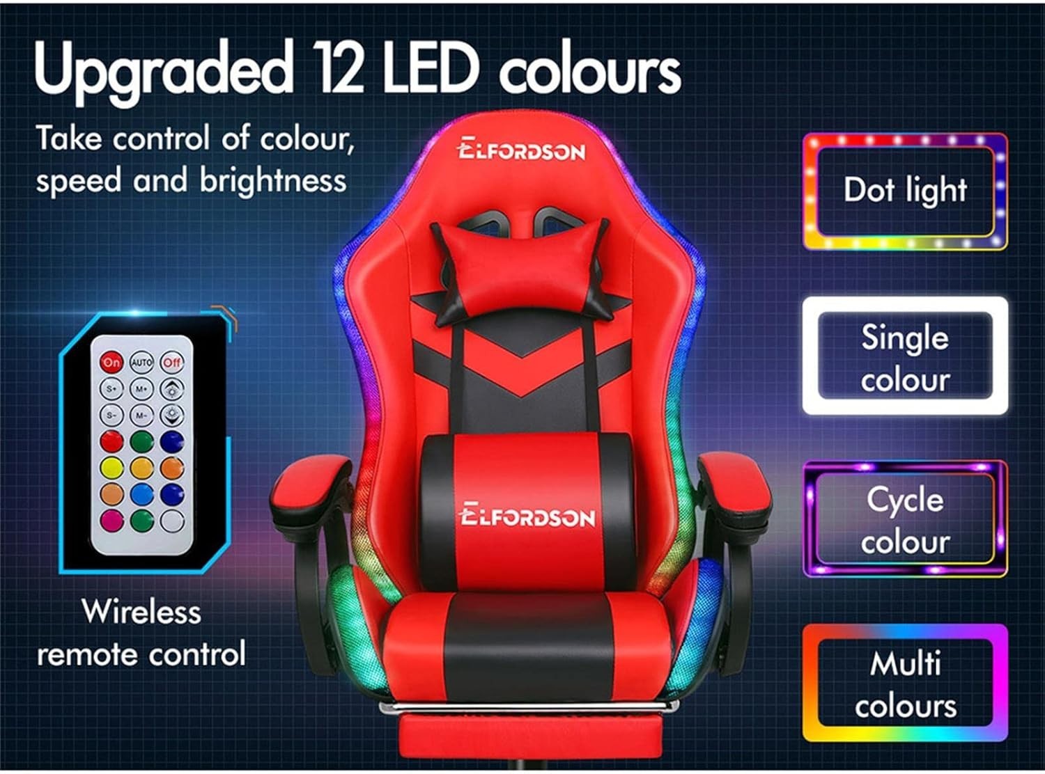 Gaming Chair Red PC Computer Racing Seat LED RGB Light $180$kg Recliner Massage