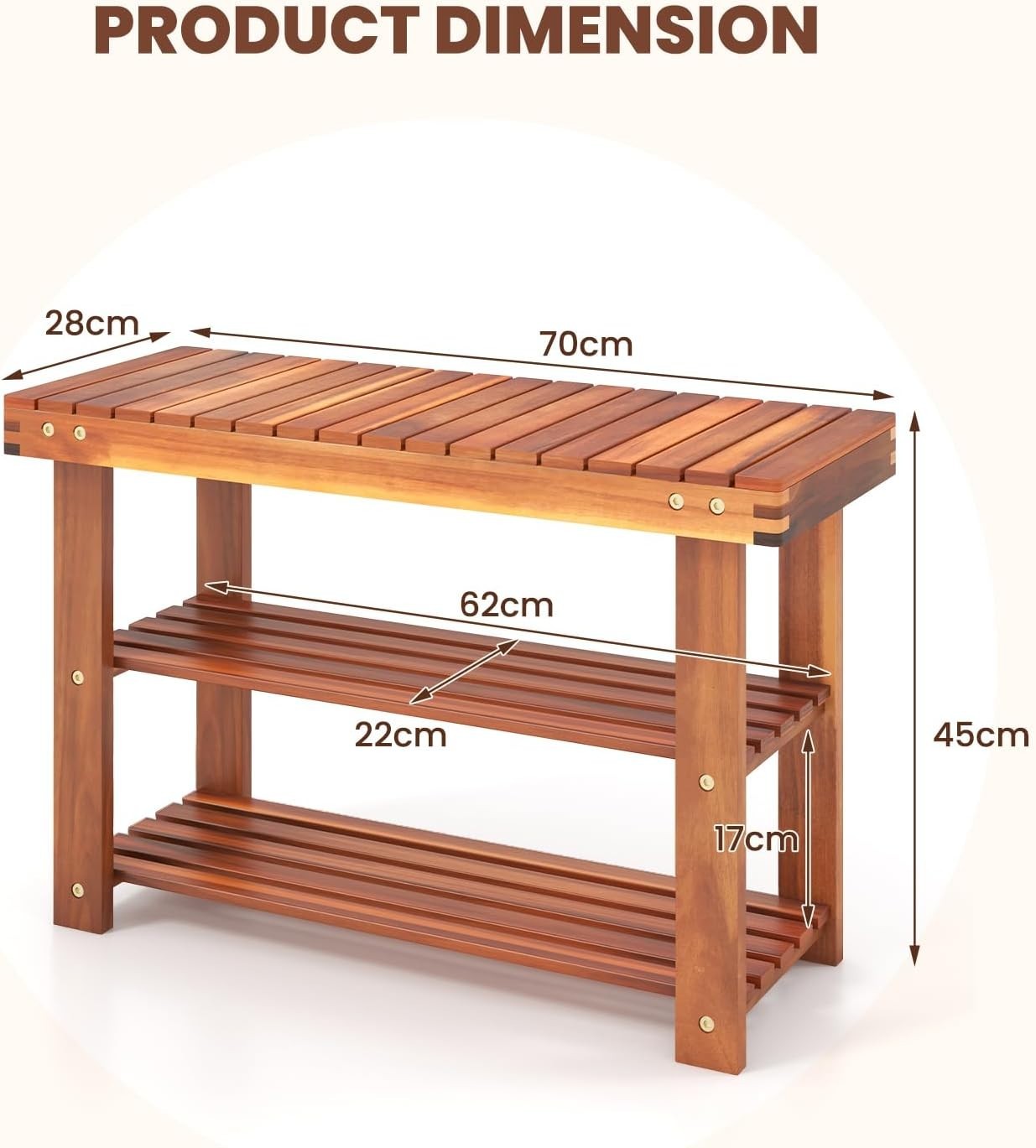 70cm Acacia Wood 3-Tier Shoe Rack Bench – Hallway Storage Seat