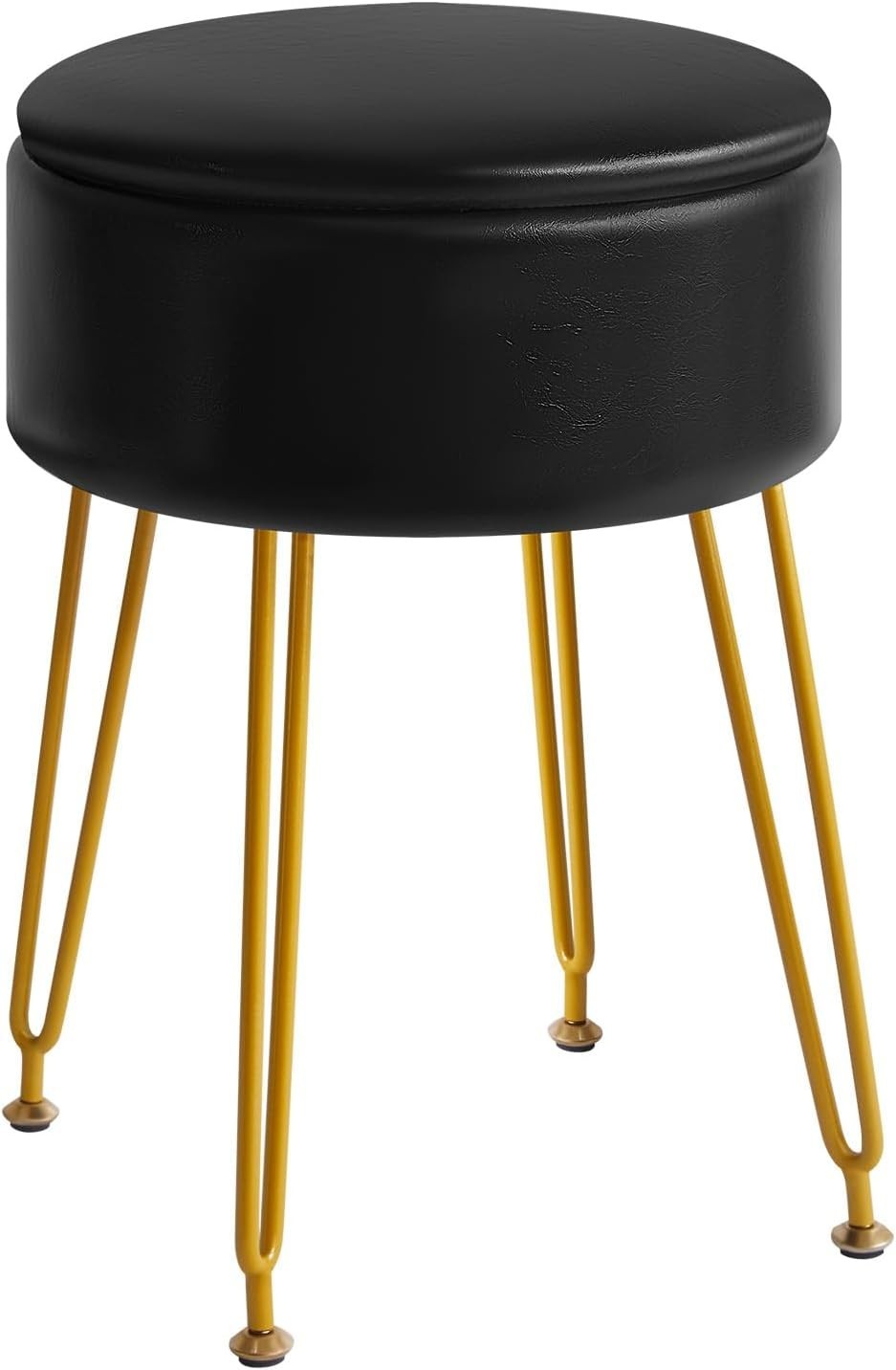 Black Faux Leather Round Stool with Storage – Vanity Seat & Footrest