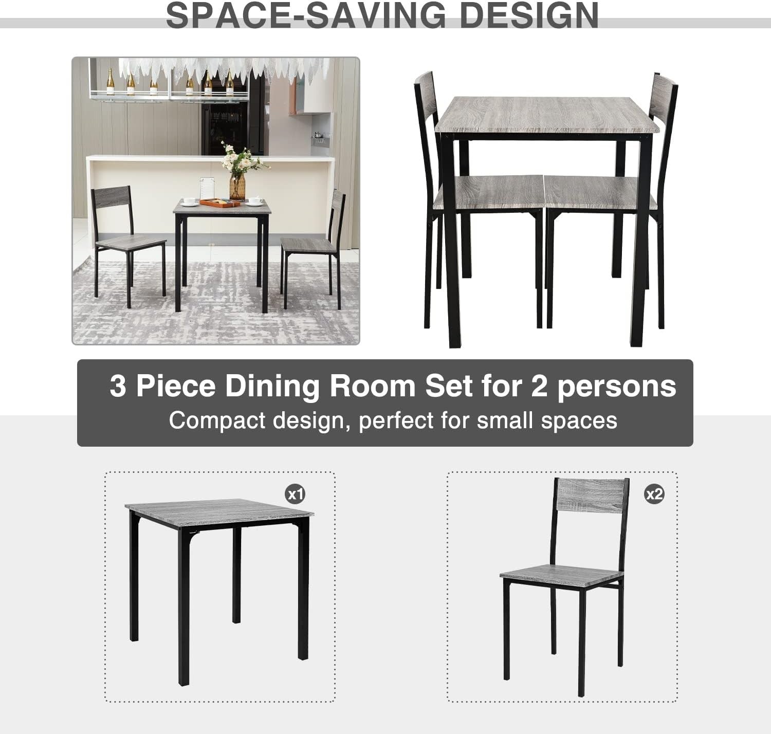3 Piece Small Dining Table Set w/ 2 Chairs | Grey Wood Effect, Space Saver