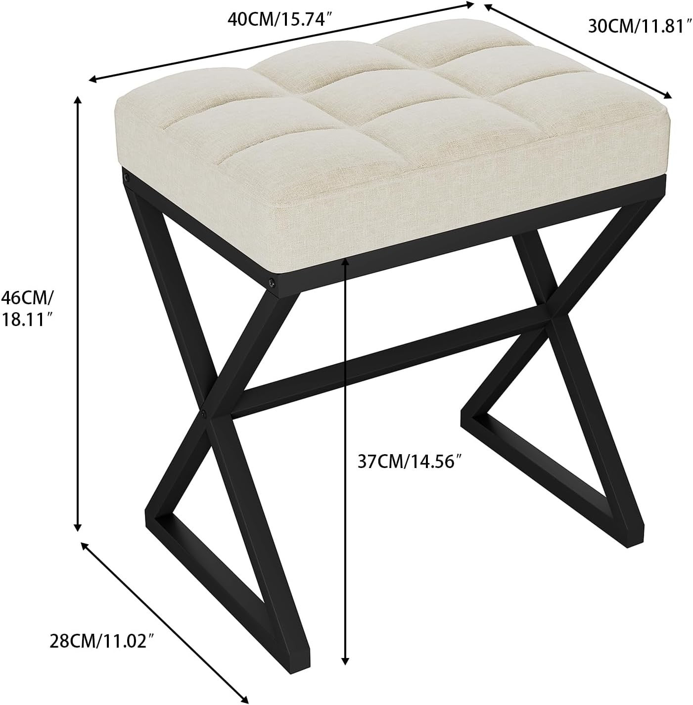 Beige Linen Vanity Stool Square Ottoman X-Leg Metal Footrest Bench 40x30x46cm