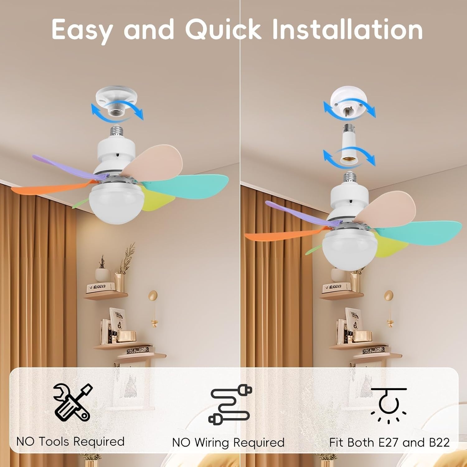 30W Small LED Ceiling Fan Light, 3 Speeds, Dimmable, E27/B22, Quiet Timer Fan