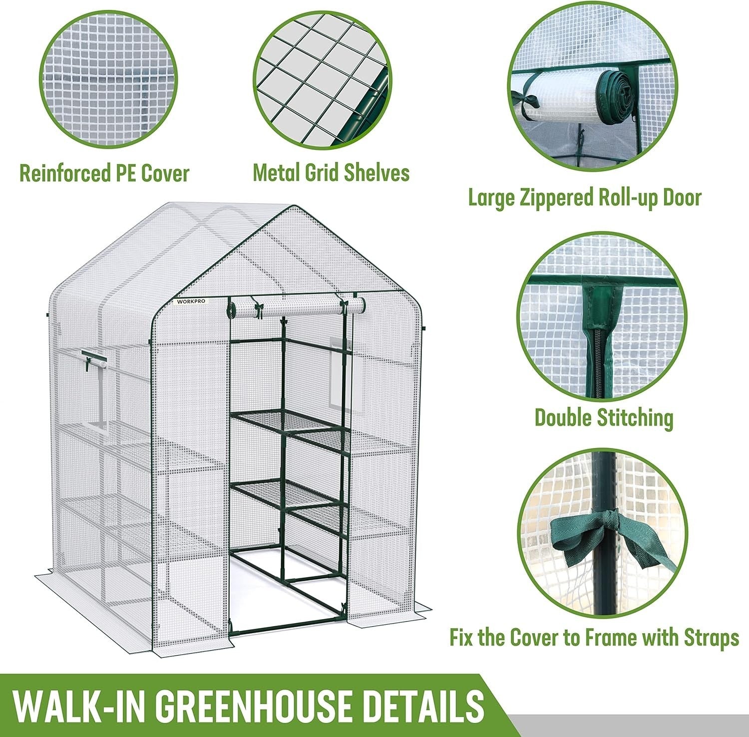 Large Walk-In Greenhouse 8 Shelves | Waterproof PE Cover | Roll-Up Door