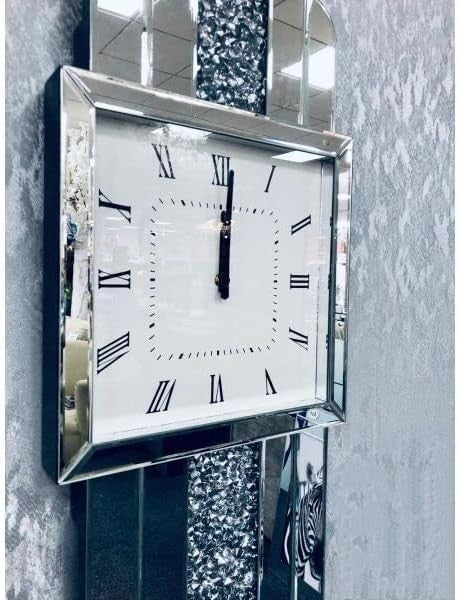Tall Silver Wall Clock Sparkle Crystal Mirror Glass Silent Luxury 100x30cm