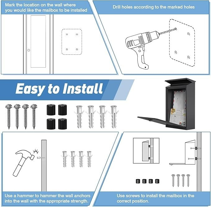 Wall Mounted Steel Post Box Waterproof Mailbox w/ Lock & Window 40x25x10cm
