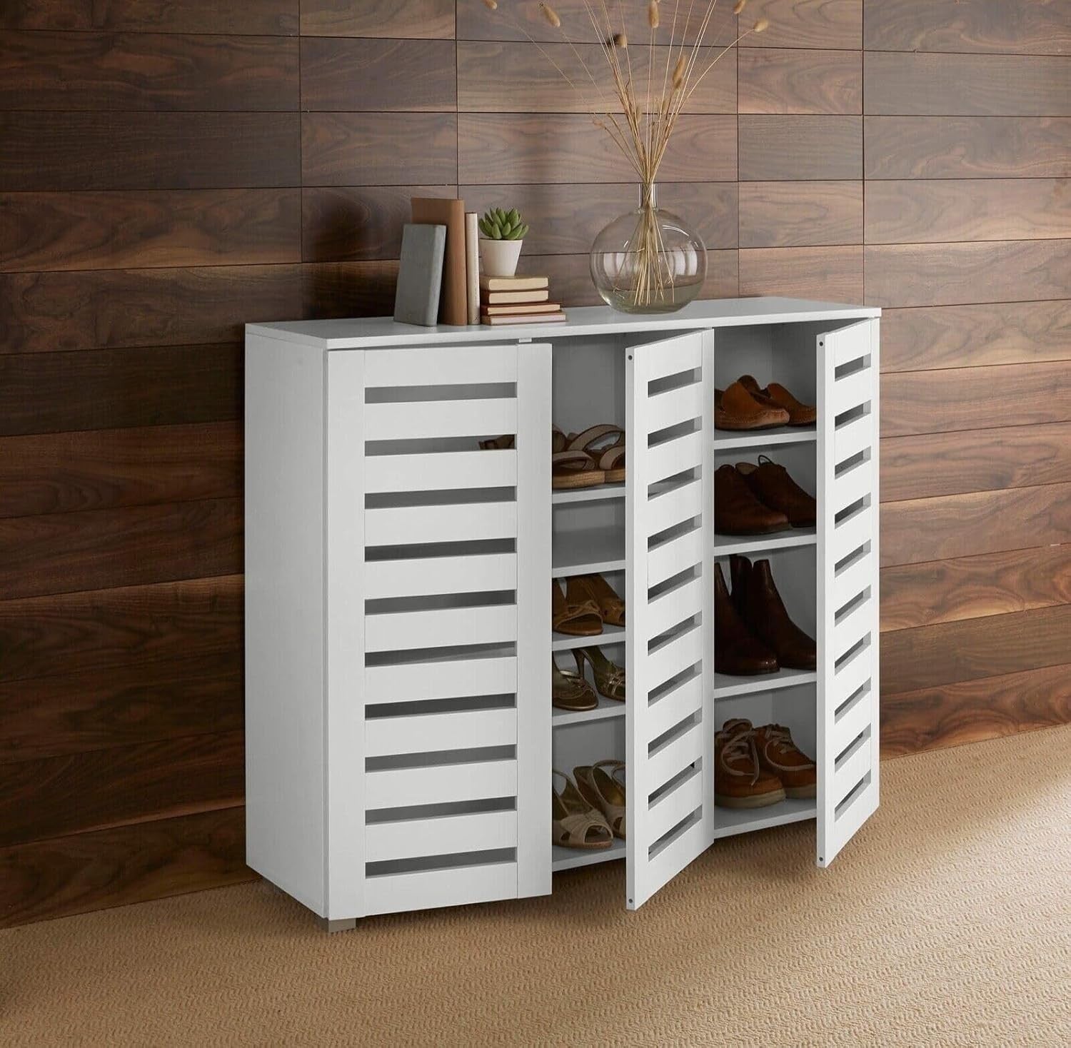 White 3 Door Wooden Shoe Cabinet with Slatted Doors, Large Hallway Cupboard