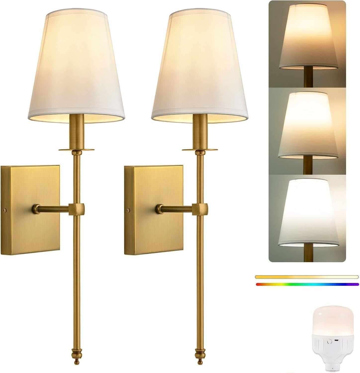 Battery Operated Wall Sconces Set of 2, Brushed Brass, Fabric Shade