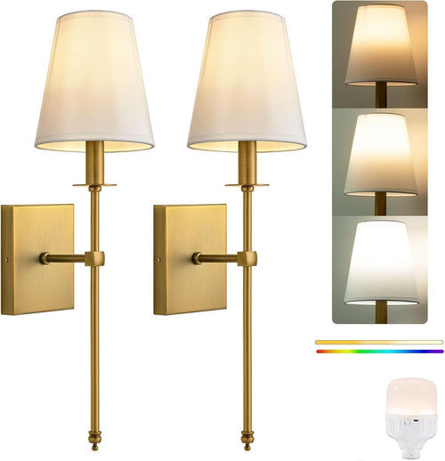 Battery Operated Wall Sconces Set of 2, Brushed Brass, Fabric Shade
