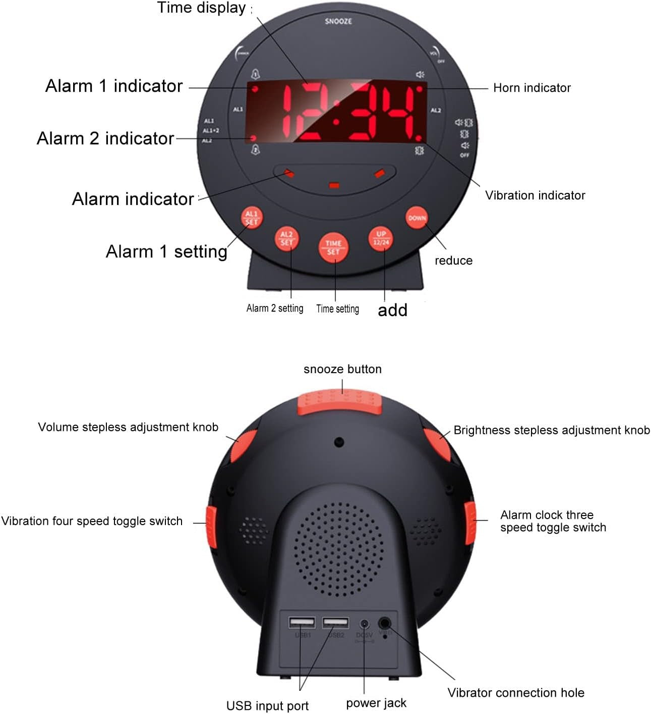 Extra Loud Alarm Clock Bed Shaker Vibrating Red LED Deaf Heavy Sleepers