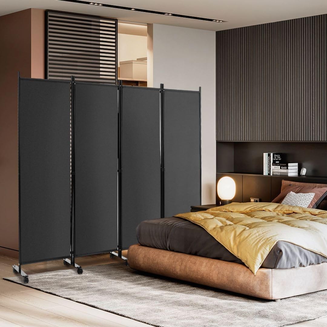 4 Panel Grey Folding Room Divider Privacy Screen on Wheels for Home Office
