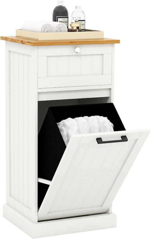 White Tilt-Out Laundry Cabinet with Drawer & Removable Hamper | Freestanding Bat