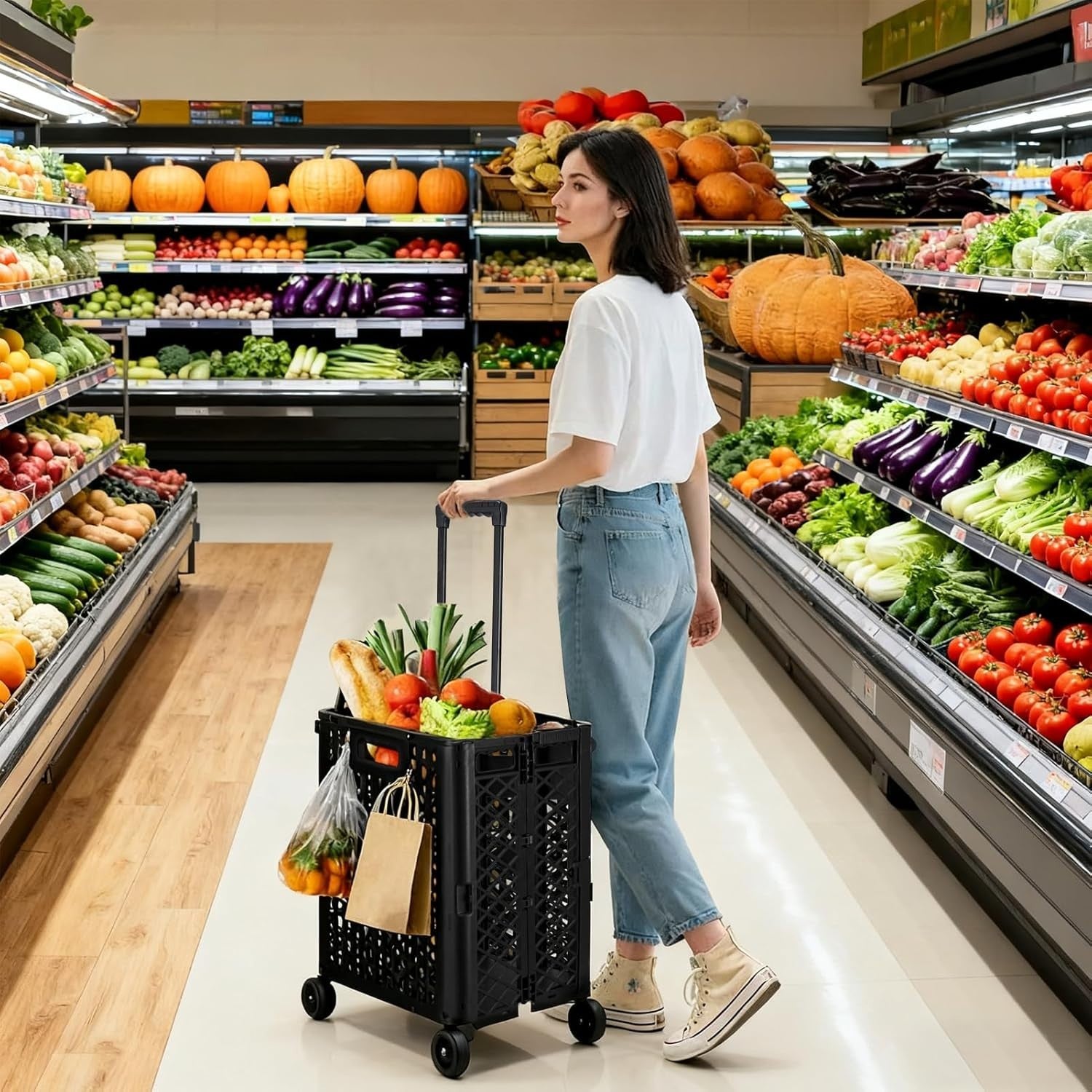4-Wheel Foldable Shopping Trolley 65L Portable Cart Black Lightweight
