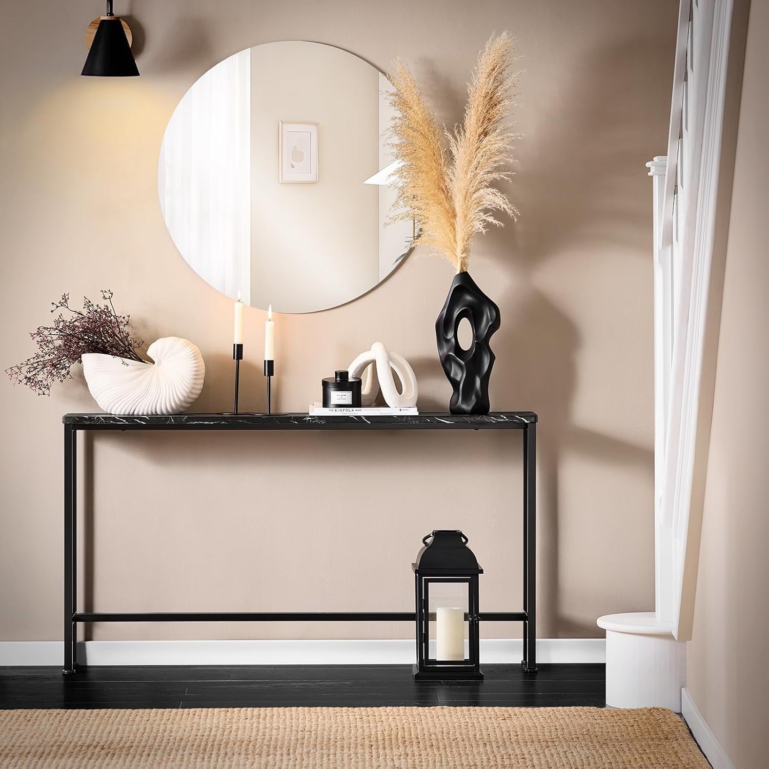 Slim Console Table 120x20x65cm Black Marble Effect Sturdy Metal Frame