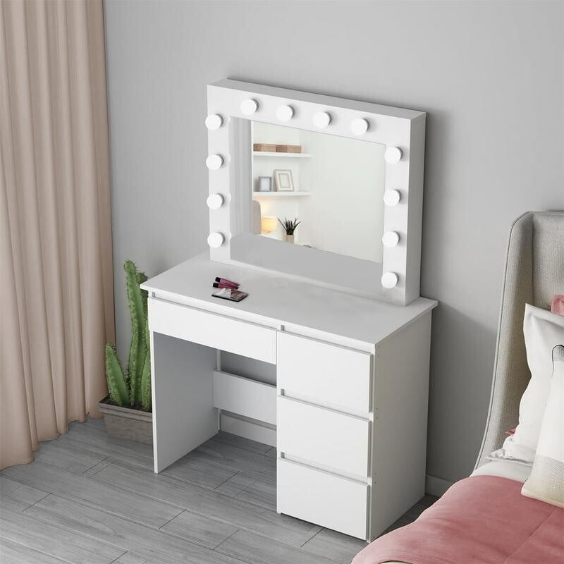 White LED Vanity Dressing Table with Mirror & Stool Makeup Desk MDF