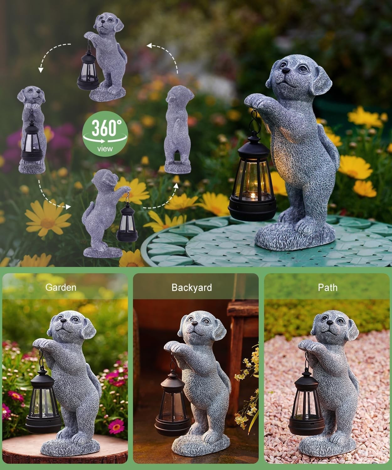Solar Dog Garden Ornament with Lantern | Outdoor LED Statue Patio Lawn Decor