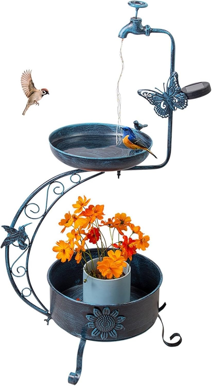 Outdoor Bird Bath with Solar Light & Planter Stand 36” Garden Patio Decor