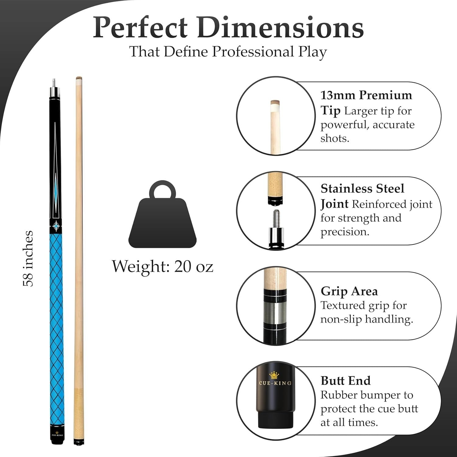 58 Inch Maple Pool Cue 13mm Tip 2 Piece 20oz 50/50 Jointed Stick