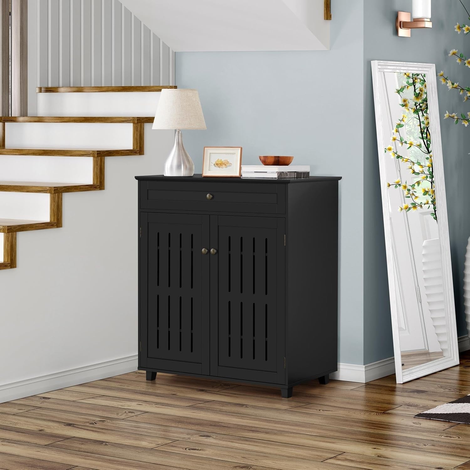 4-Tier Black Shoe Cabinet with Drawer & Adjustable Shelves – Space Saver