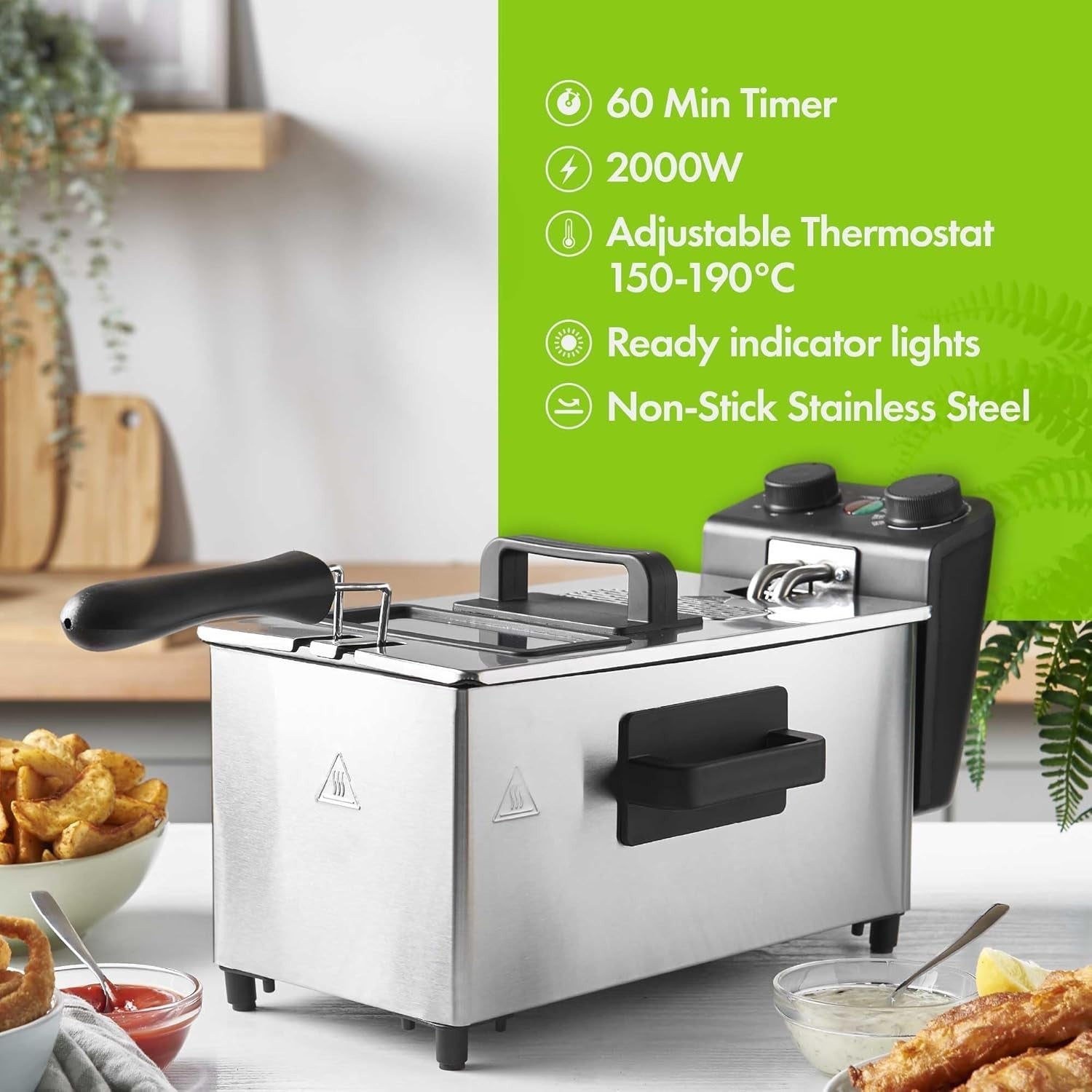 3L Deep Fat Fryer 2000W Stainless Steel | Adjustable Thermostat Easy Clean
