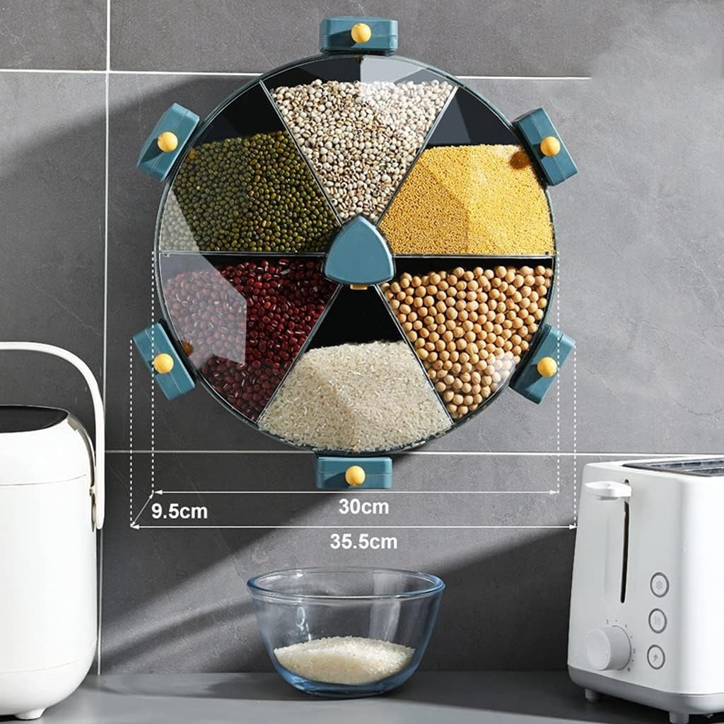 8.5L Wall Mounted Grain Dispenser 6 Grid Rotating Food Storage Box