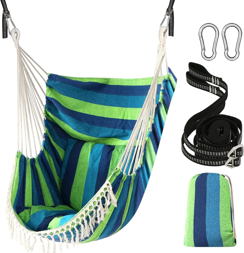 Blue Green Hammock Chair with Cushions & Straps | 500lbs Indoor Outdoor Swing