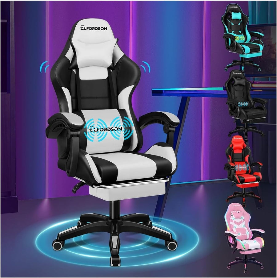 White Gaming Chair Massage Lumbar Footrest Ergonomic High Back PU Leather