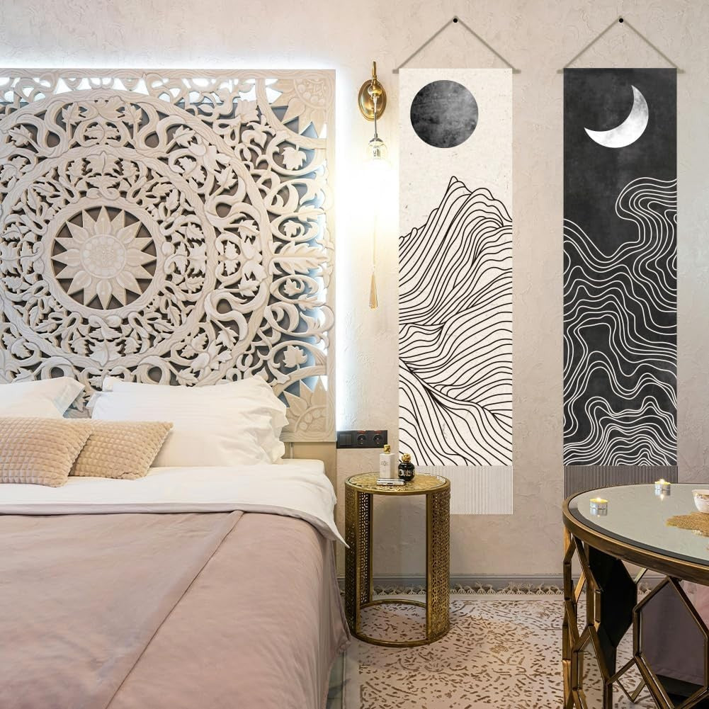 Boho Sun Moon Tapestry 2pcs 45.7x13in Black White Wall Hanging