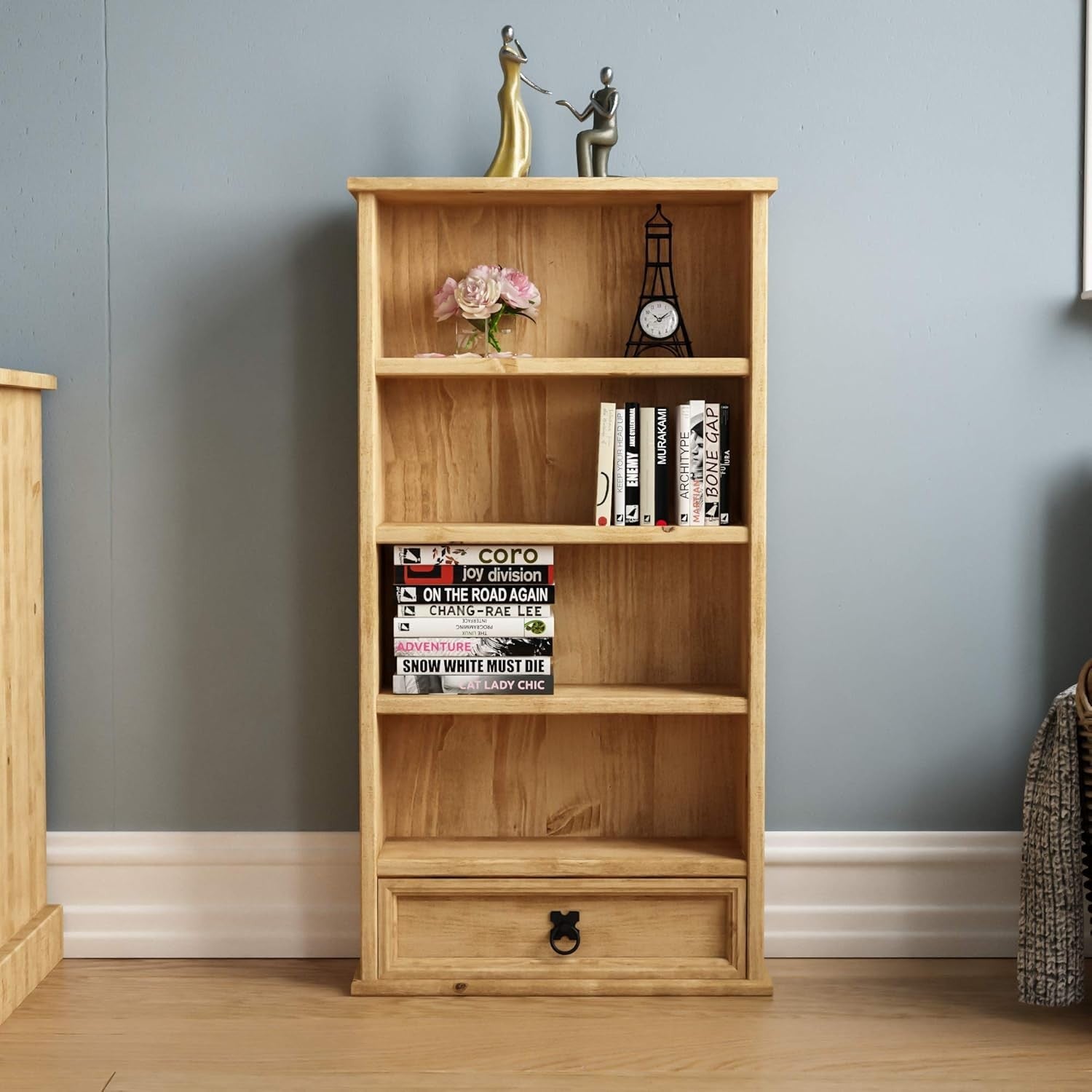 Solid Pine Wood Bookcase with Drawer Rustic CD DVD Storage Shelf Corona