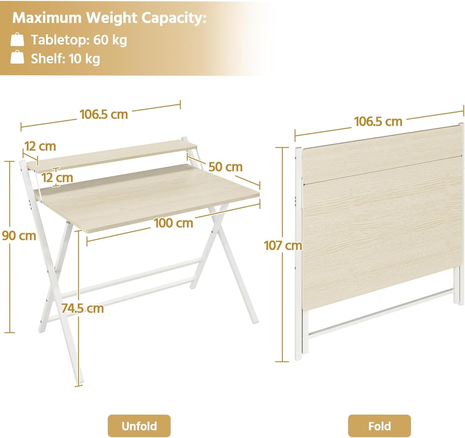 Foldable Computer Desk Large 100cm with Monitor Stand Small Space Wood