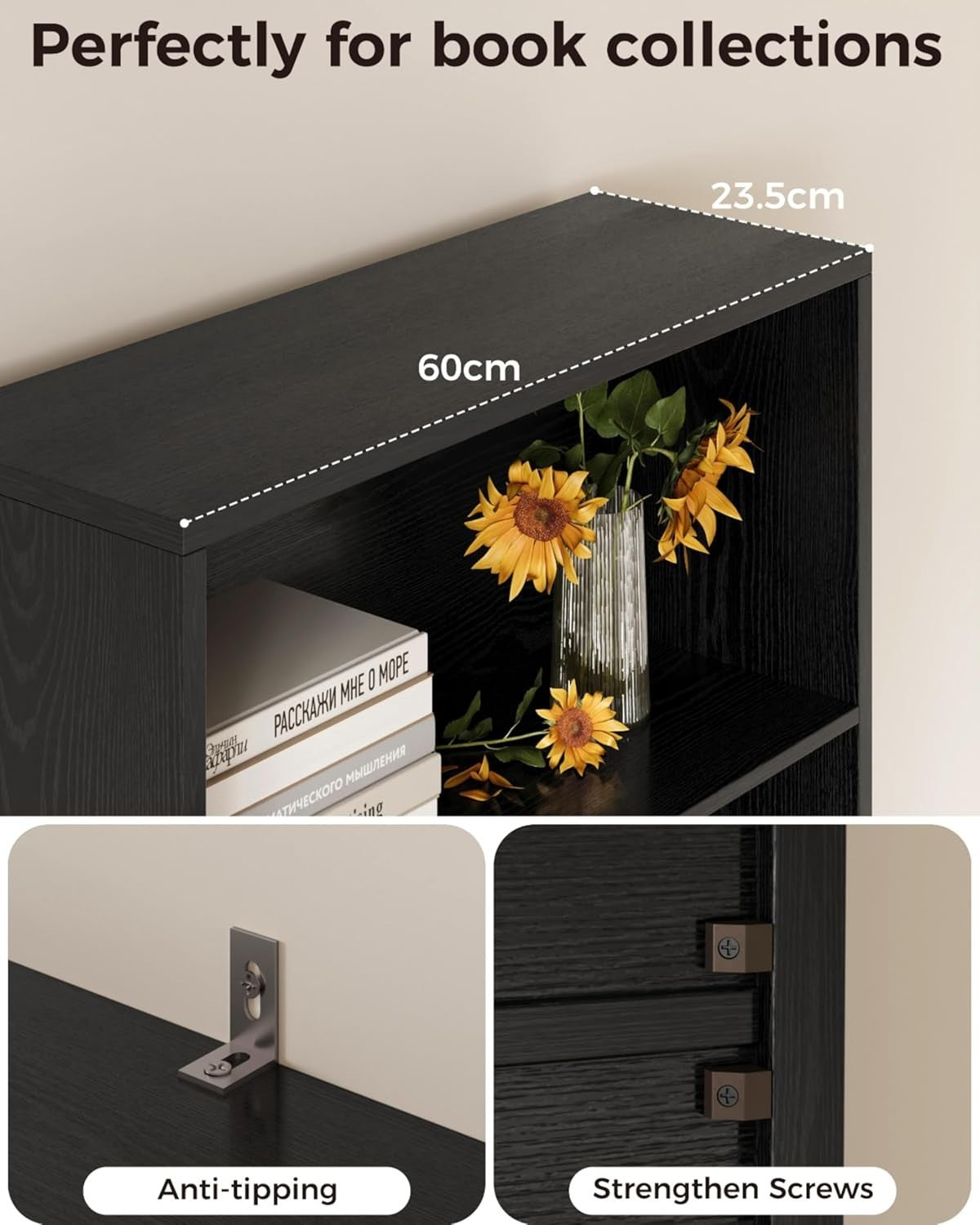 6-Tier Tall Bookshelf with Doors, Space-Saving Storage & Cabinet, Black