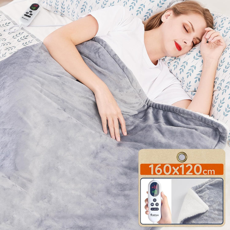 Electric Heated Throw Blanket 120x160cm Grey Sherpa 10 Heat LED Timer