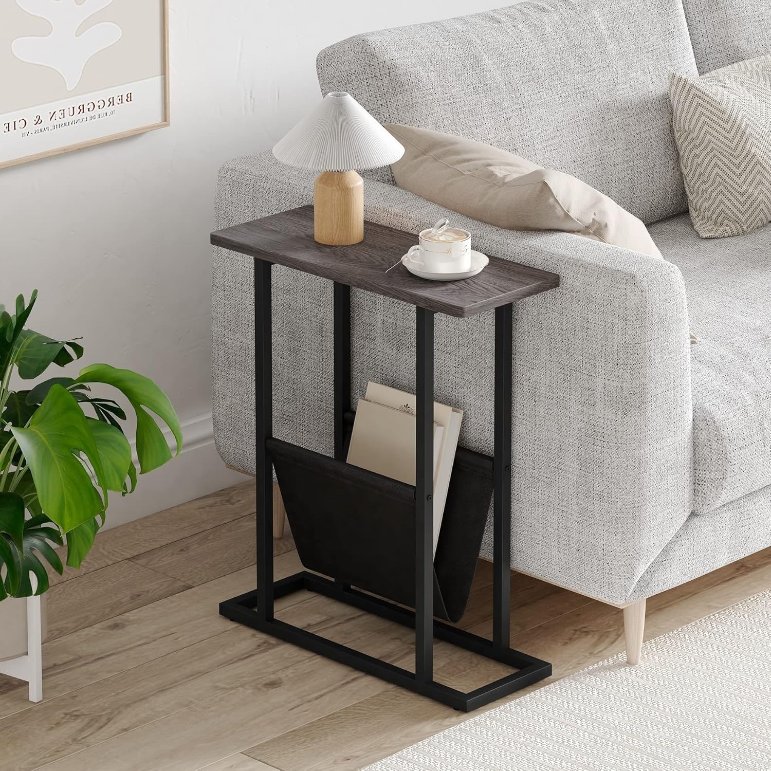 Slim Grey Side Table with Storage Bag – Narrow End Table for Sofa/Bed