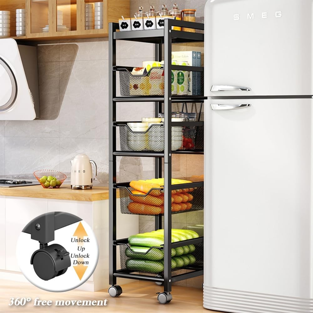 5 Tier Slim Kitchen Storage Trolley on Wheels Narrow Metal Basket Rack