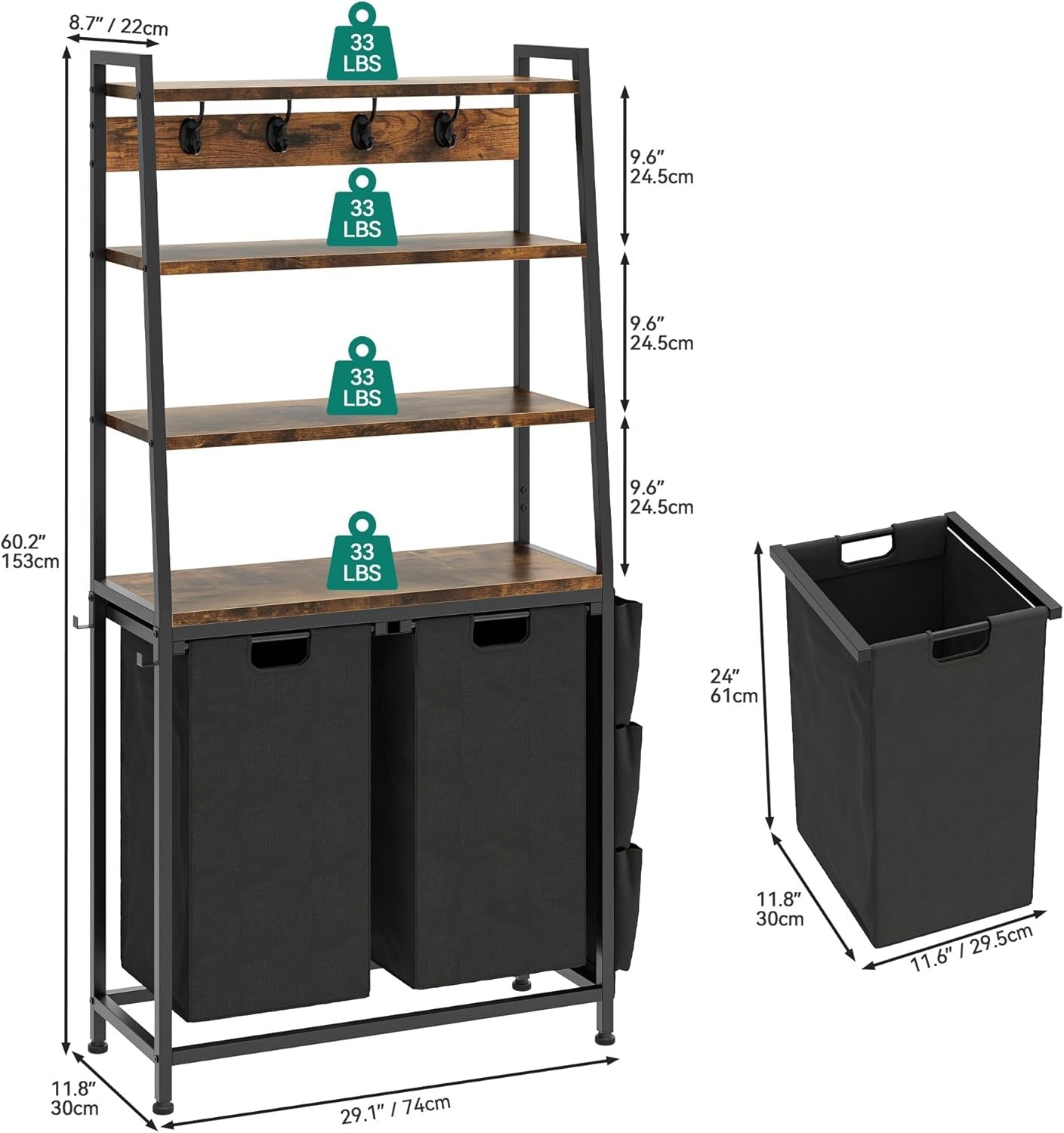 Tall Laundry Sorter with Shelves & Hooks | 2 Pull-Out Bags | 155cm Freestanding