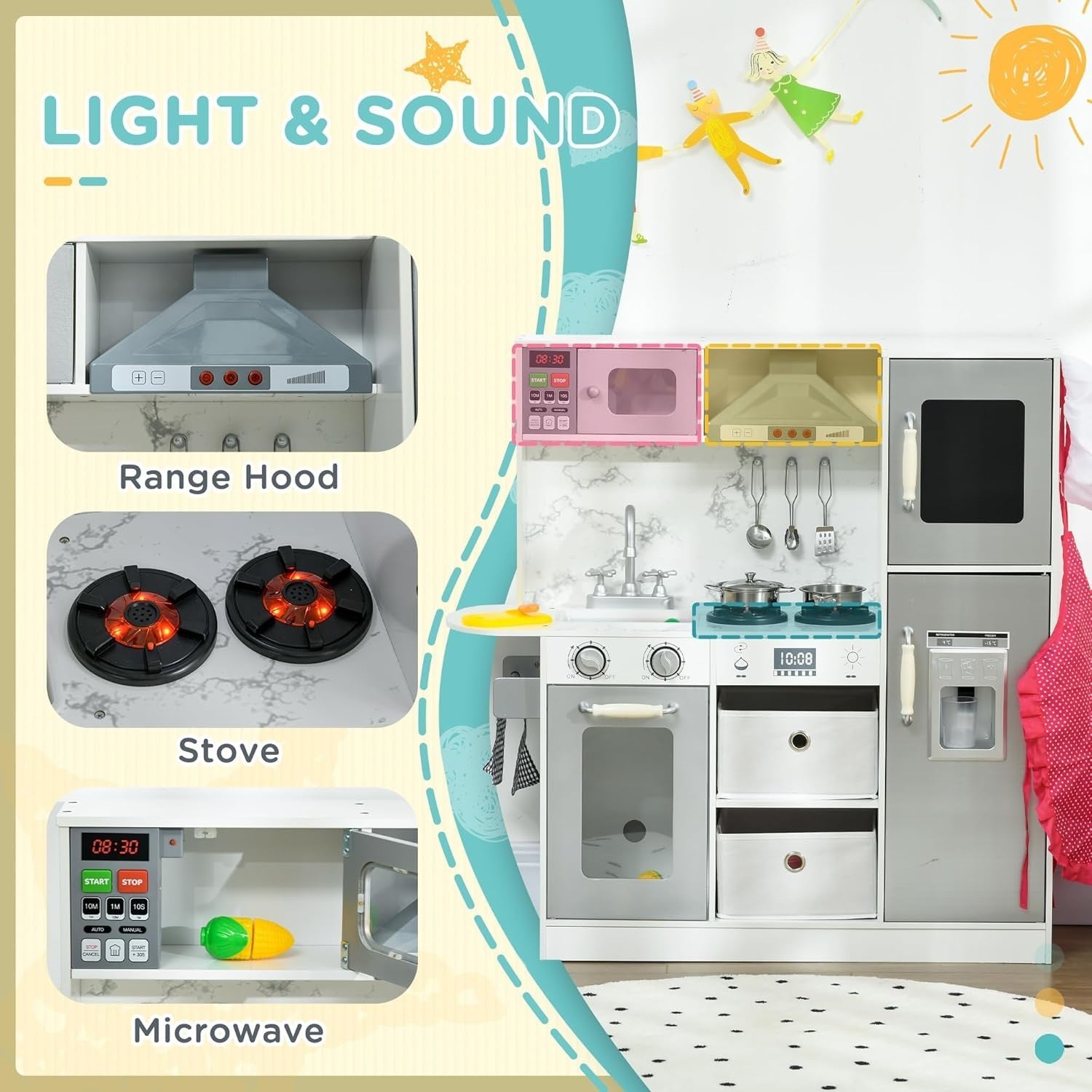 Wooden Kids Play Kitchen White w/ Lights Sounds Ice Maker Set