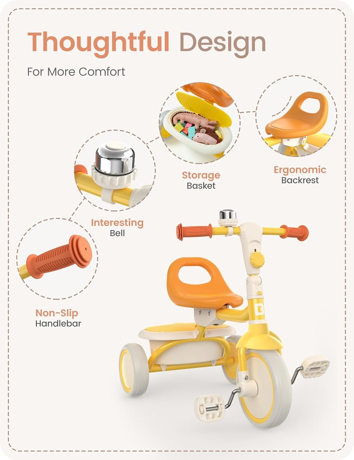 Foldable Toddler Tricycle Adjustable Seat Kids Trike Yellow Age 18M-5Y