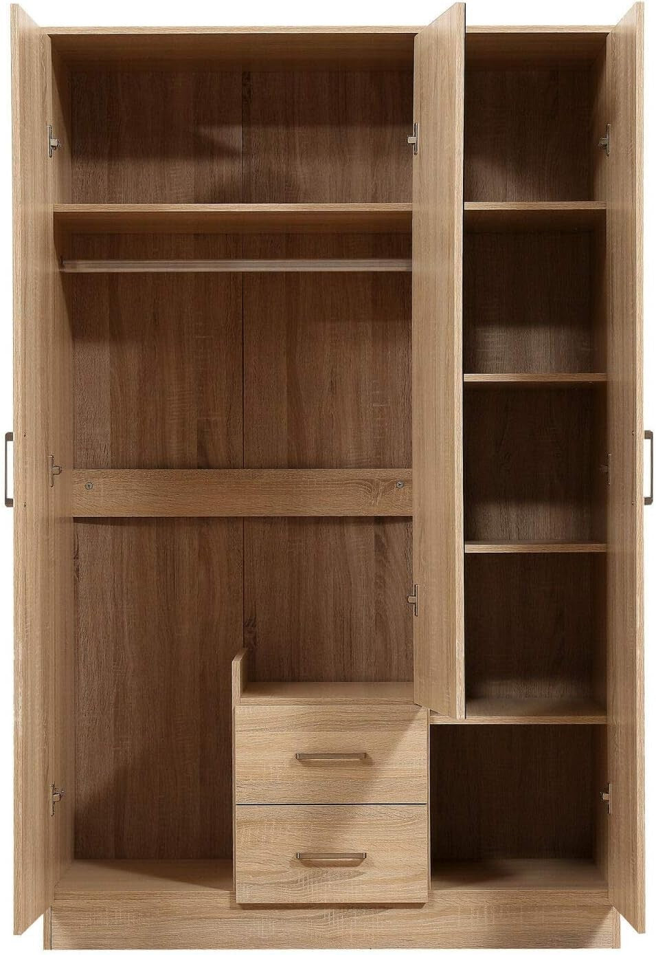 3 Door Wardrobe Mirror Soft Close Drawers Oak Finish Bedroom Storage
