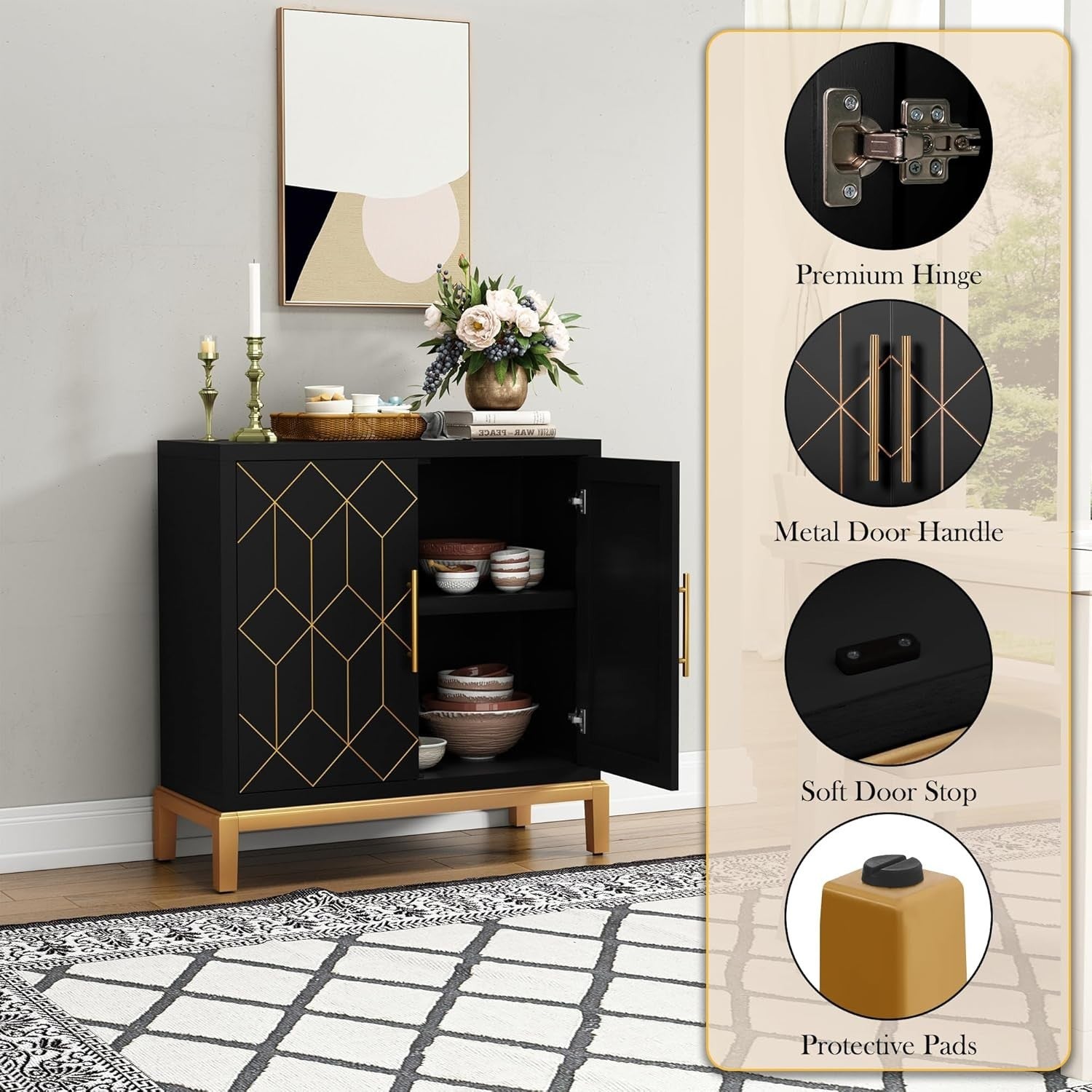 Modern Black Sideboard Cabinet Gold Legs 2 Door Storage Unit Hallway