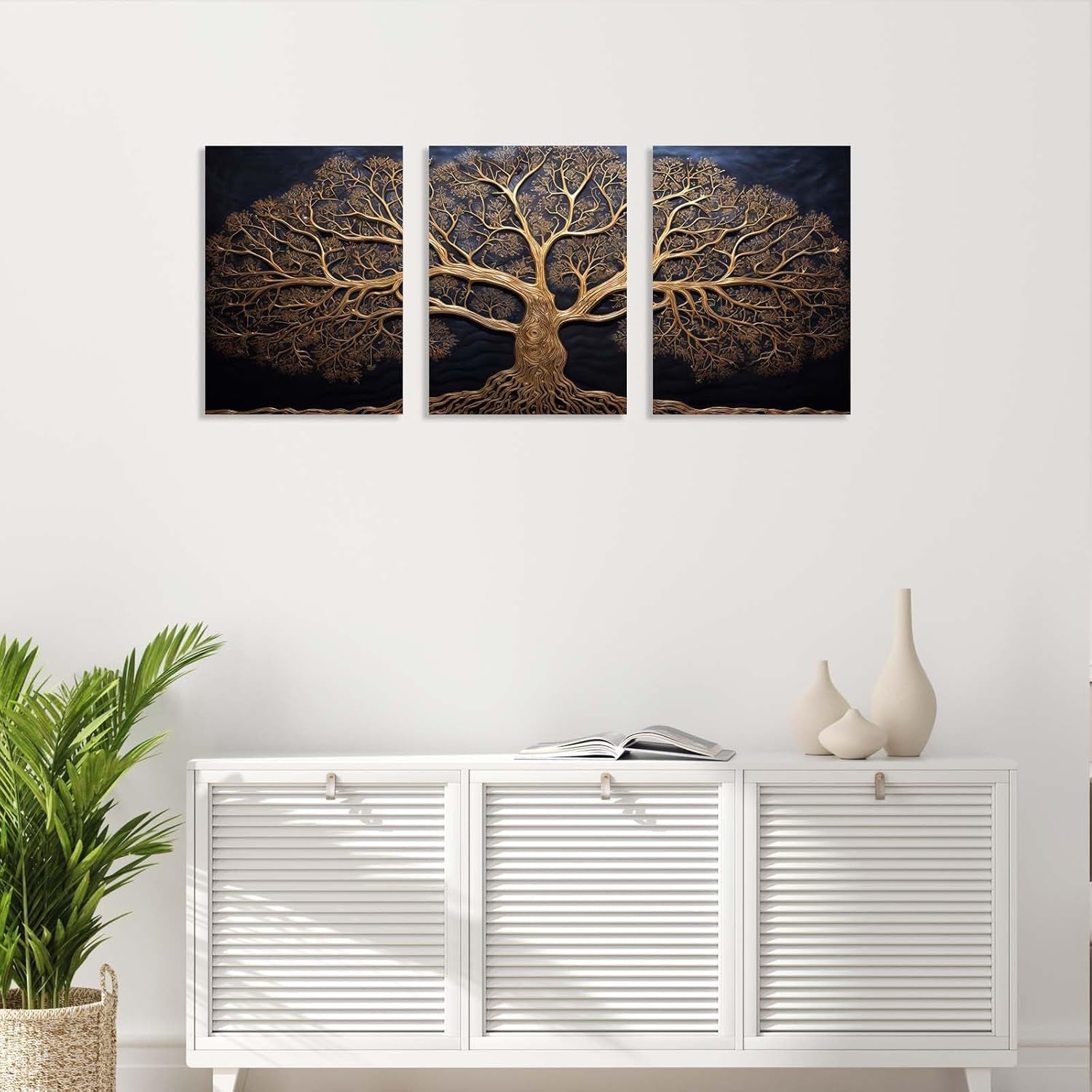 Set of 3 Golden Tree Canvas Wall Art 12x16 Framed Modern Luxury Decor