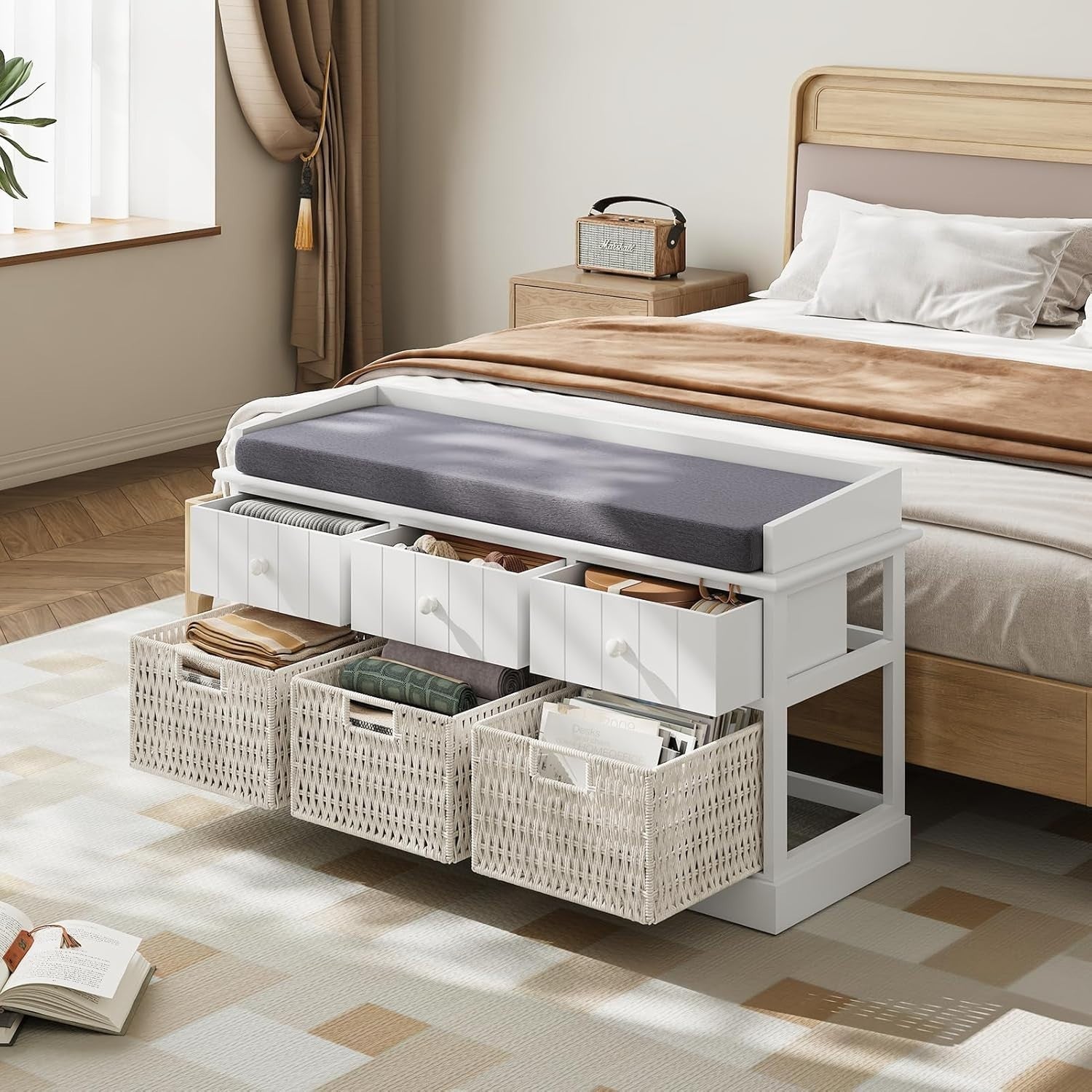 White Storage Bench with Cushion 3 Drawers 3 Wicker Baskets Hallway 100cm