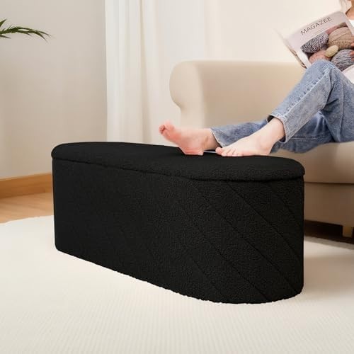 Black Oval Storage Ottoman Bench 3-in-1 Footrest Seat 110x38x38cm