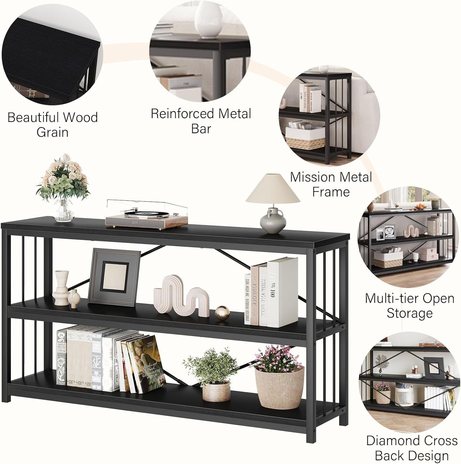Modern Industrial Black Oak Console Table 160x34x74 cm Storage Shelf