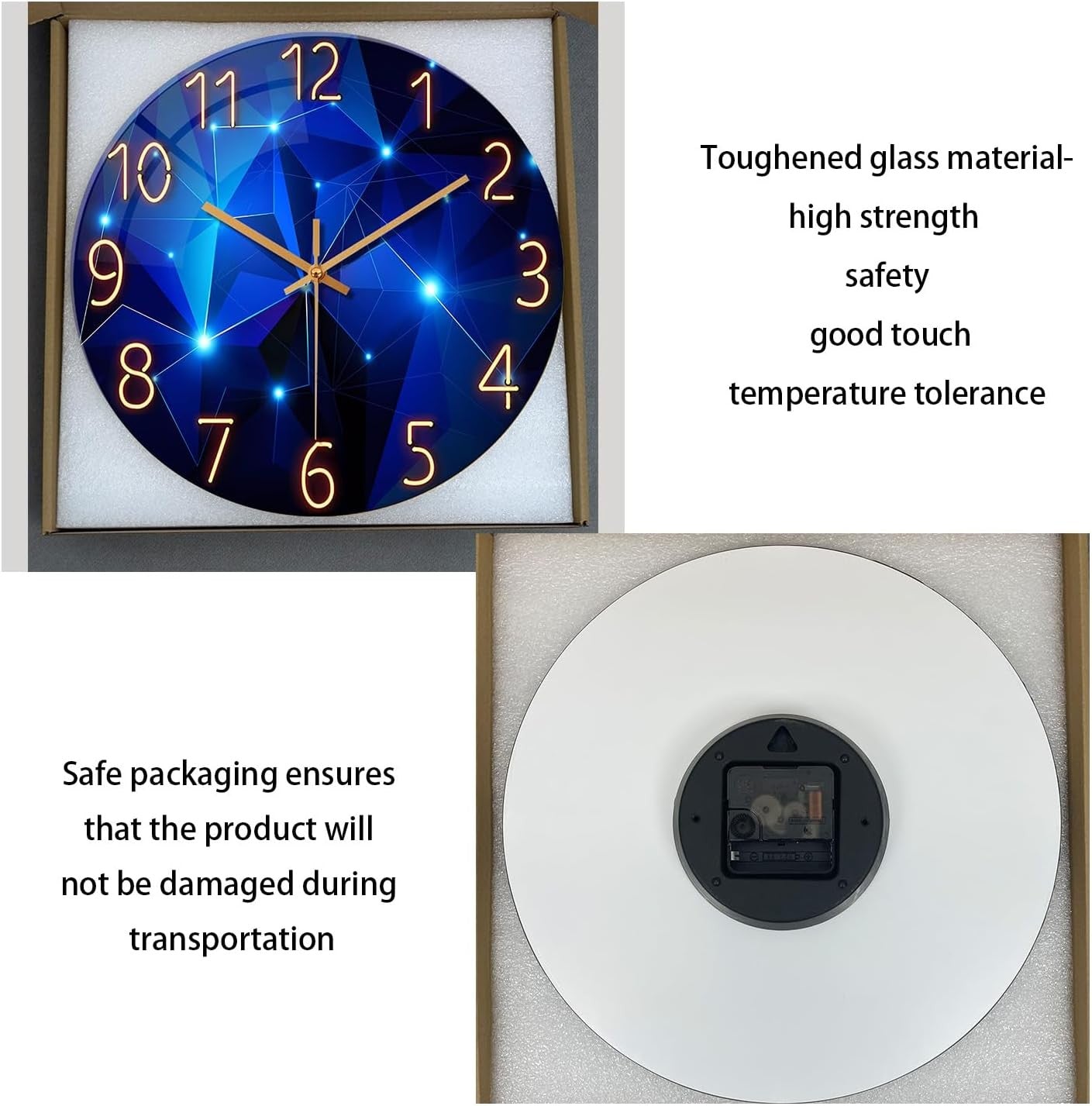 Large 16 Inch Blue Glass Wall Clock Modern Silent Non-Ticking Home Decor