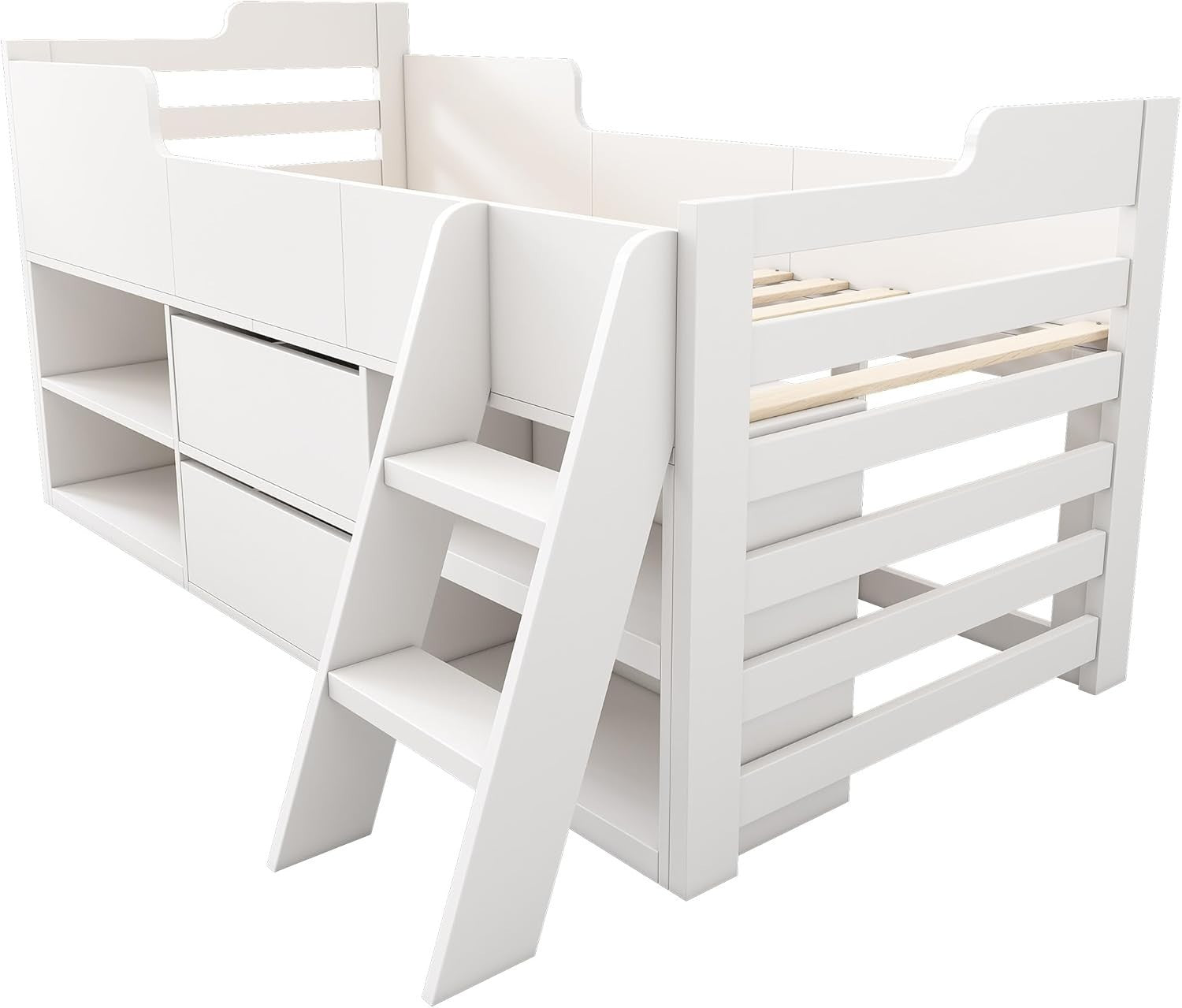 Kids White Mid Sleeper Cabin Bed 3FT w/ Drawers Shelves & Ladder Frame