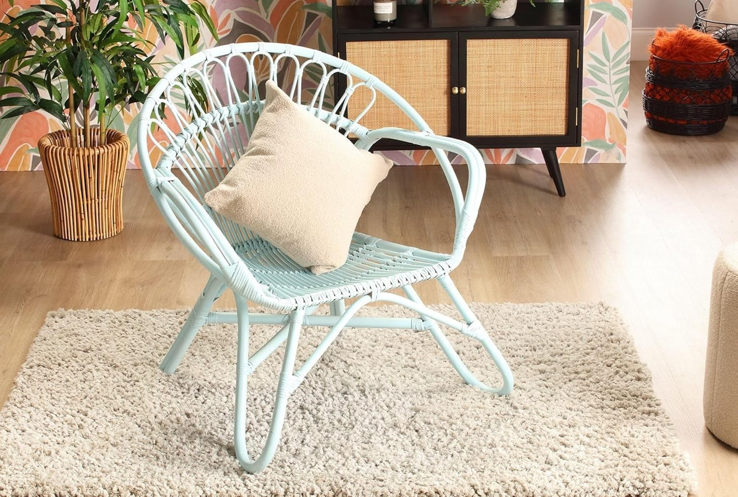 Blue Nordic Rattan Wicker Armchair Indoor Cane Lounge Chair Living Room