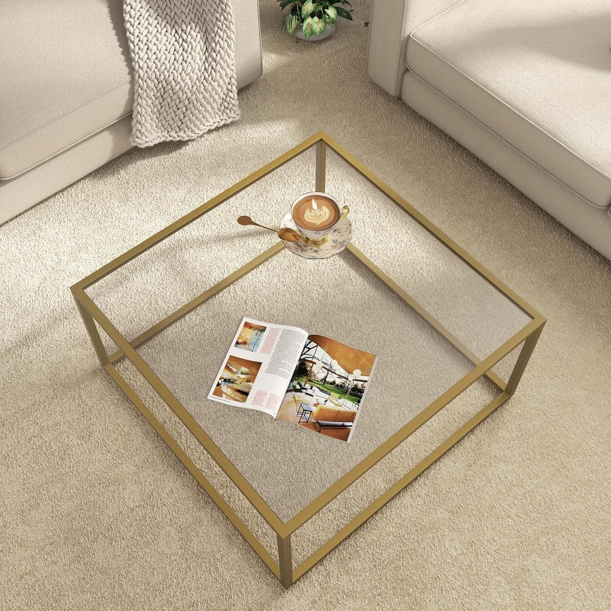 Modern Glass Coffee Table Gold Frame – Small Space Square 68x68x40cm