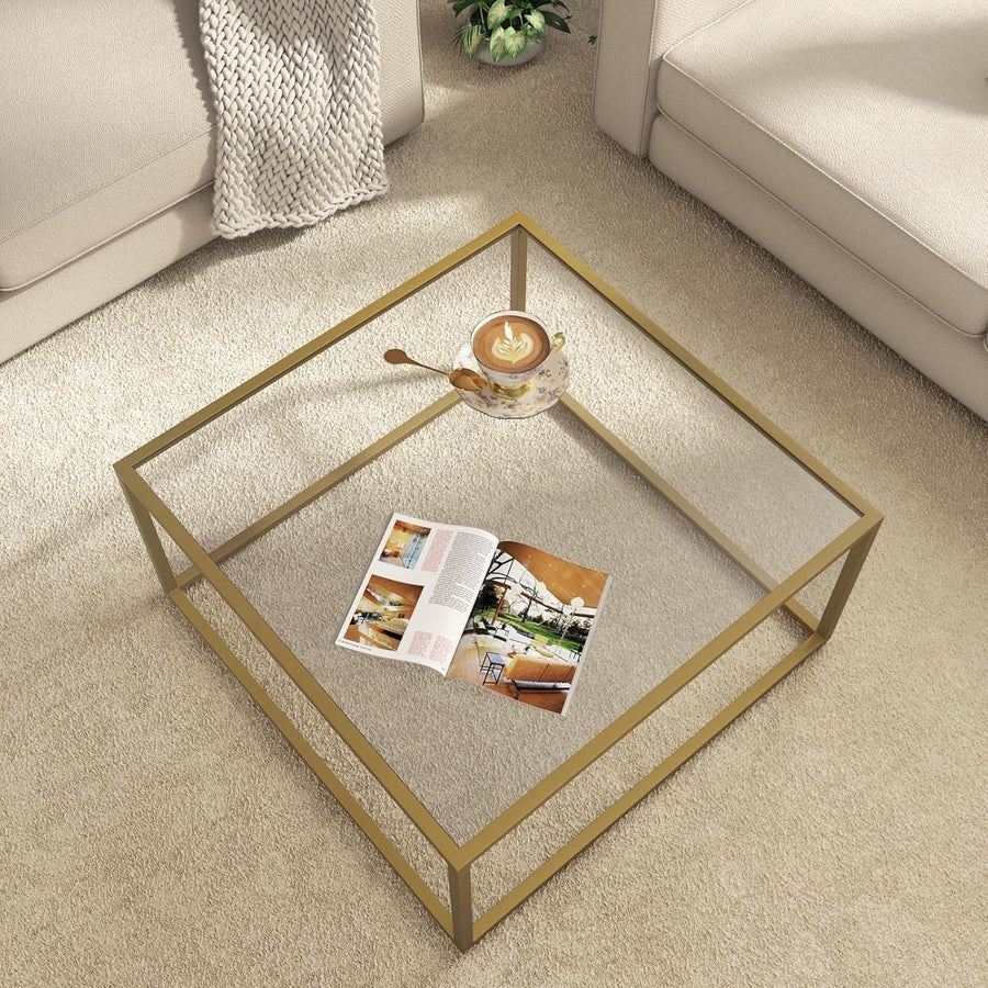 Modern Glass Coffee Table Gold Frame – Small Space Square 68x68x40cm
