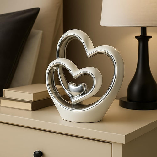 Silver Heart Ornament 25.5cm Ceramic Sculpture Modern Couple Wedding Gift Decor