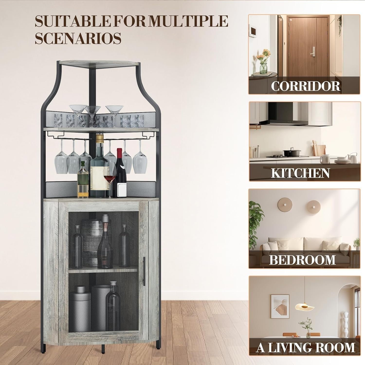 Corner Bar Cabinet with Wine Rack Glass Holder Mesh Door 5 Tier Home Bar Unit